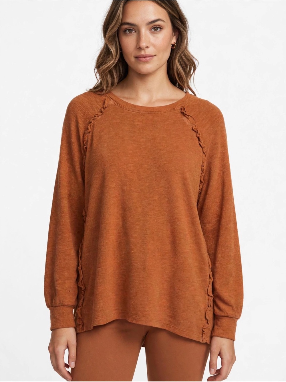 Wonderly Women's Rust Ruffle-Trim Pullover Sweatshirt
